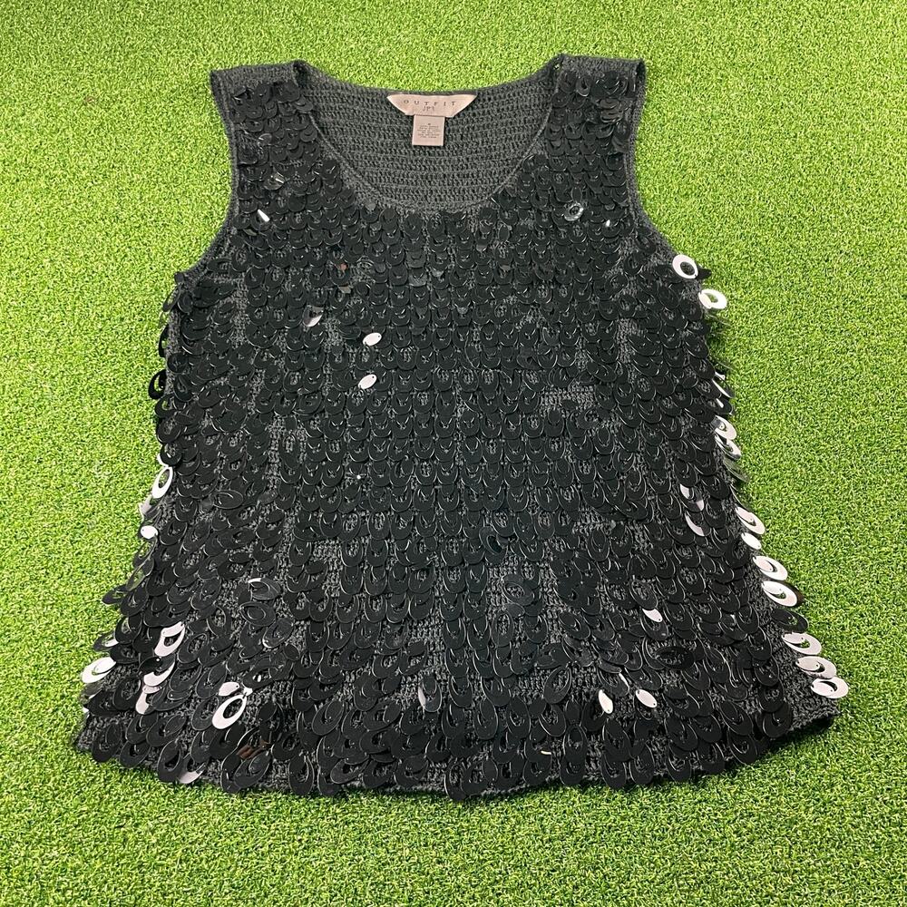 Vintage 90s Outfits JPR Black Oval Sequined Knit Tank Top Sz M